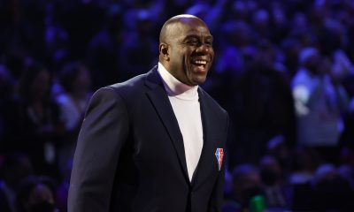 Earvin "Magic" Johnson reacts after being introduced as part of the NBA 75th Anniversary Team during the 2022 NBA All-Star Game at Rocket Mortgage Fieldhouse on February 20, 2022 in Cleveland, Ohio.