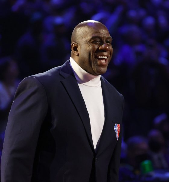 Earvin "Magic" Johnson reacts after being introduced as part of the NBA 75th Anniversary Team during the 2022 NBA All-Star Game at Rocket Mortgage Fieldhouse on February 20, 2022 in Cleveland, Ohio.