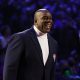 Earvin "Magic" Johnson reacts after being introduced as part of the NBA 75th Anniversary Team during the 2022 NBA All-Star Game at Rocket Mortgage Fieldhouse on February 20, 2022 in Cleveland, Ohio.