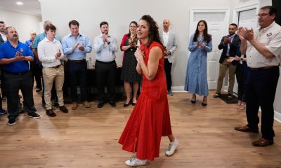 Senate candidate Julia Letlow greets supporters at a campaign stop at Hammond Northshore Regional Airport on May 6, 2026.
