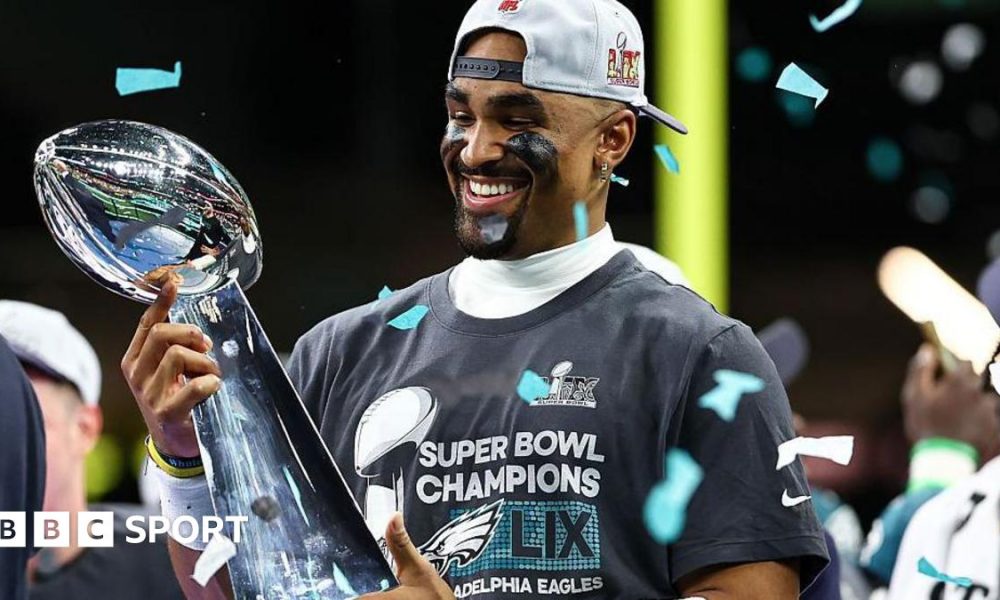 Jalen Hurts with with the Vince Lombardi Trophy after the Philadelphia Eagles beat the Kansas City Chiefs in the 2025 Super Bowl