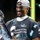 Jalen Hurts with with the Vince Lombardi Trophy after the Philadelphia Eagles beat the Kansas City Chiefs in the 2025 Super Bowl