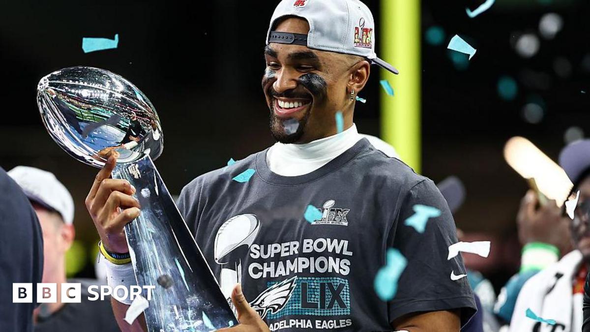 Jalen Hurts with with the Vince Lombardi Trophy after the Philadelphia Eagles beat the Kansas City Chiefs in the 2025 Super Bowl