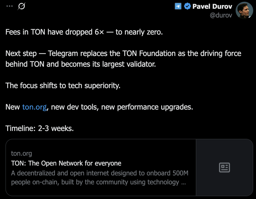 Pavel Durov Just Took Over TONCoin as Its Largest Validator and Cut Fees to Near Zero: Is This the Catalyst TON Has Been Waiting For?