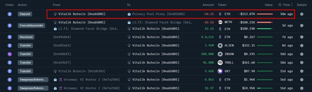 Ethereum News: Vitalik Buterin ‘Puts Skin in the Game’ with $113K Privacy Pools Transfer