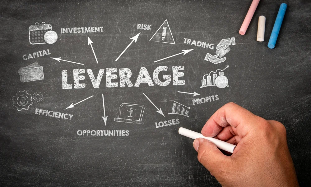 LEVERAGE Concept. Illustration with icons, arrows and keywords on a black chalkboard background