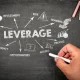 LEVERAGE Concept. Illustration with icons, arrows and keywords on a black chalkboard background