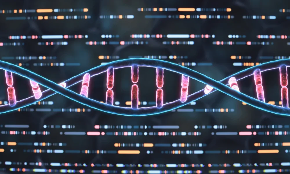 Colorful DNA helix with conceptual polymer sequencing data in the background