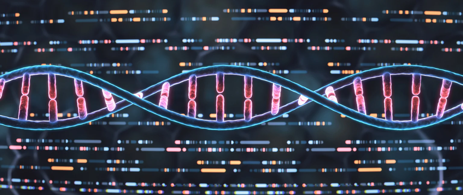 Colorful DNA helix with conceptual polymer sequencing data in the background