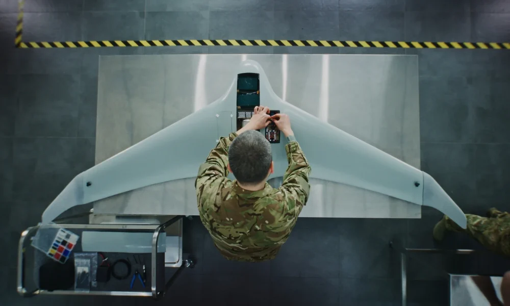 Engineer in Military Uniform Assembling Unmanned Aerial Vehicle