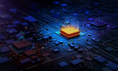 Quantum computer, Unique circuit board with glowing light, Artificial Intelligence concept technology background, 3D rendering