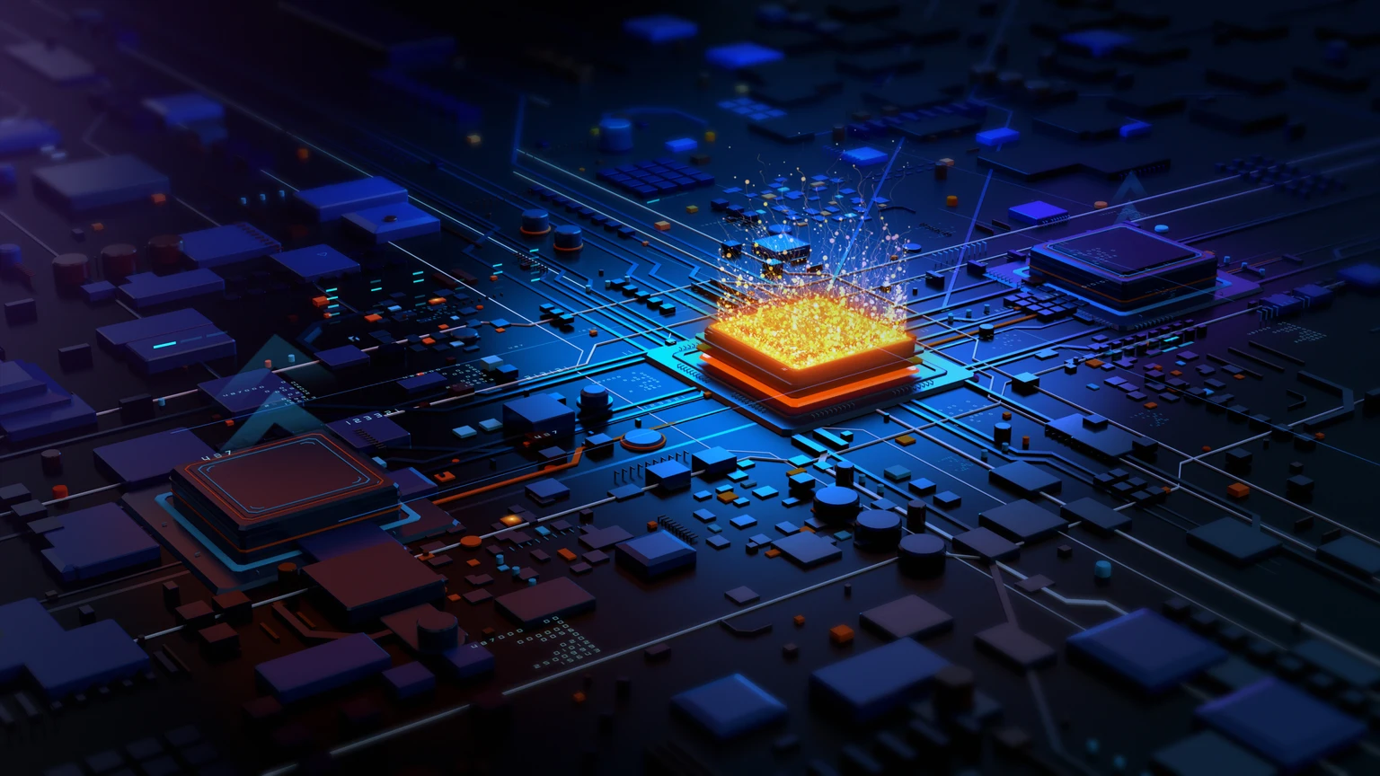 Quantum computer, Unique circuit board with glowing light, Artificial Intelligence concept technology background, 3D rendering