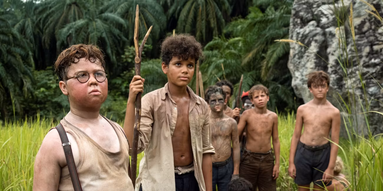 David McKenna as Piggy, Winston Sawyers as Ralph and Ike Talbut as Simon in the jungle in Lord of the Flies