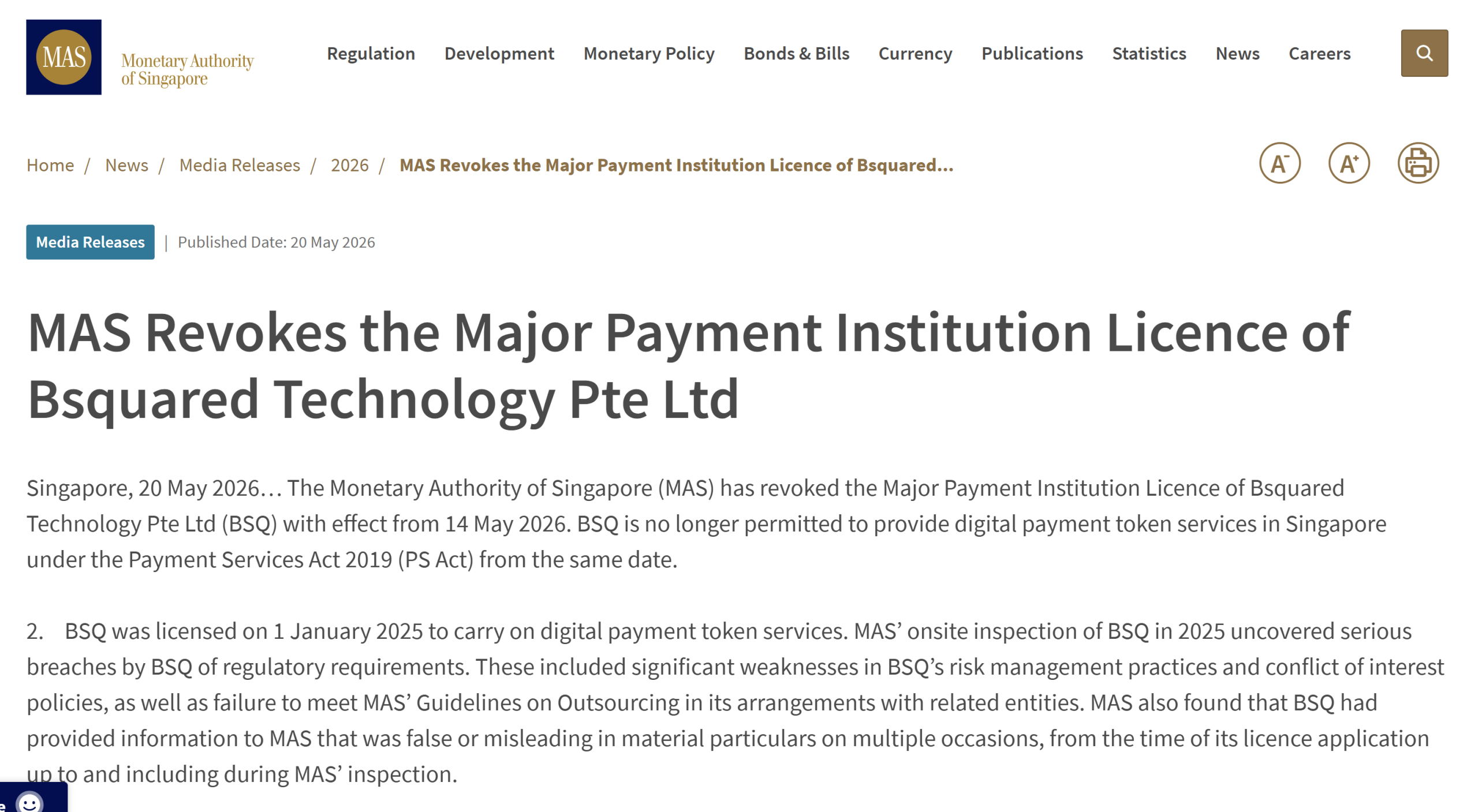 Singapore Revokes Bsquared’s Crypto Licence Over Regulatory Breaches