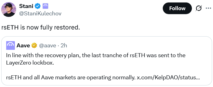 Kelp DAO Says rsETH Fully Restored 5 Weeks After Hack