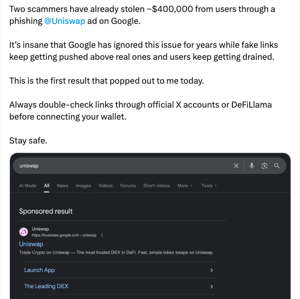 Phishing Scammers Net $400K With Fake Uniswap Google Ads
