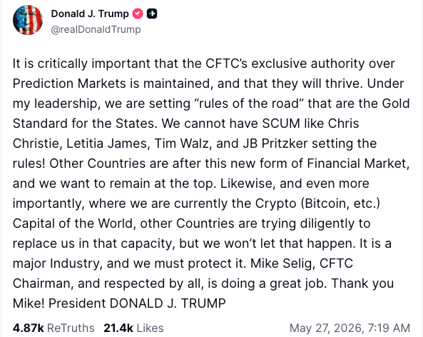 Trump Defends CFTC Jurisdiction Over Prediction Markets