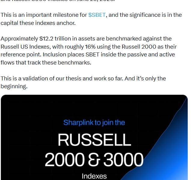 Sharplink, Gemini Among Crypto Firms Eyed for Russell Indexes