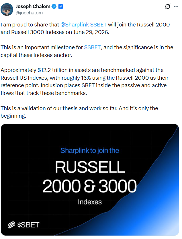 Sharplink, Gemini Among Crypto Firms Eyed for Russell Indexes