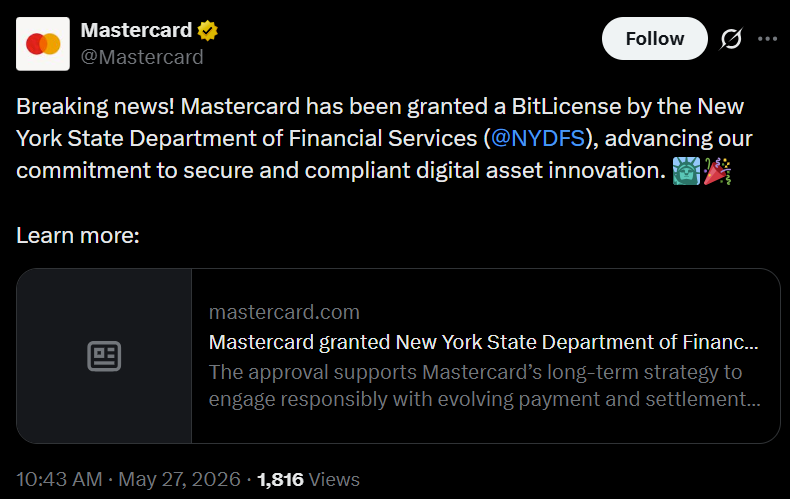 Mastercard Secures New York BitLicense for Crypto Operations