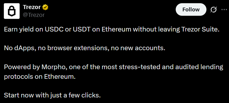 Trezor Launches USDC, USDT Yield in Trezor Suite Through Morpho