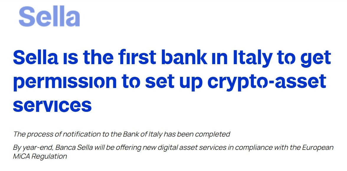 Italy’s Banca Sella Gets MiCA Approval for Crypto Services