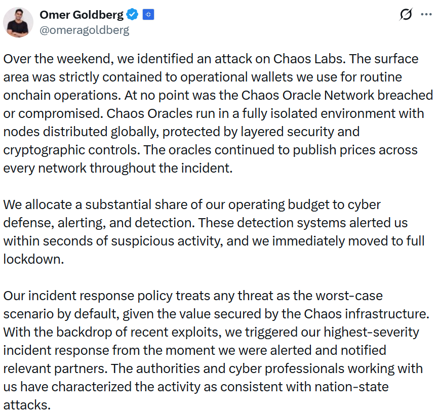 Chaos Labs Rotates Keys After Suspected Nation-State Crypto Attack