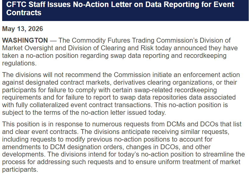 CFTC Issues No-Action Letter on Prediction Market Data Reporting