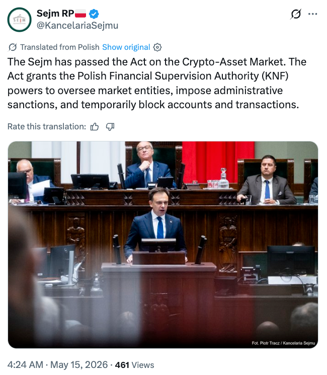 Poland Approves Crypto Bill Amid Looming MiCA Deadline