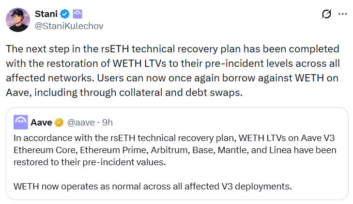Aave Restores Wrapped Ether Borrowing Following Kelp DAO Hack