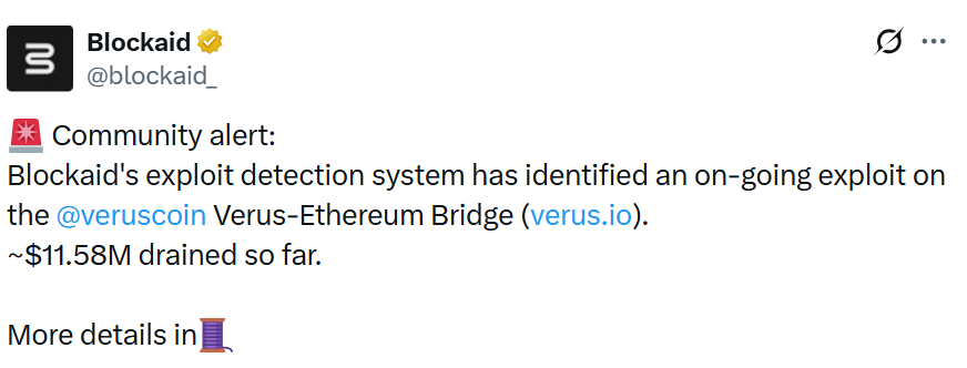 Verus Ethereum Bridge Reportedly Exploited for $11.58 Million