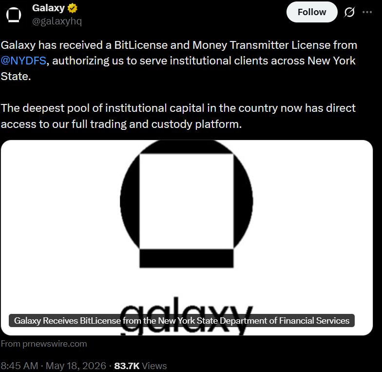Galaxy Wins New York BitLicense for Institutional Crypto Services