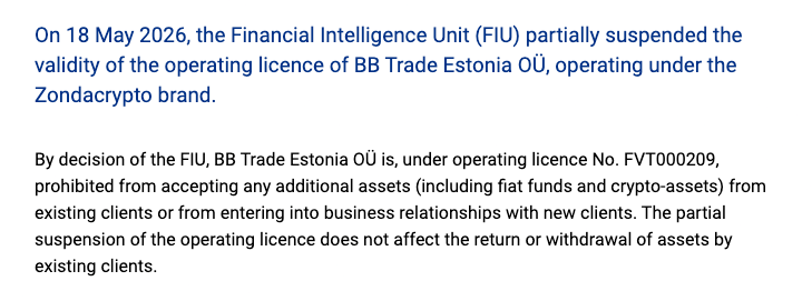 Estonia Suspends Zondacrypto Operator License