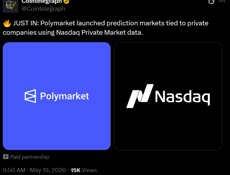 Polymarket Partners With Nasdaq to Launch Private Company Prediction Markets