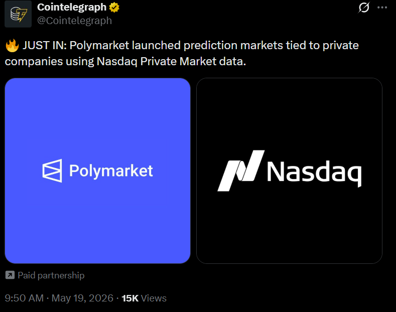 Polymarket Partners With Nasdaq to Launch Private Company Prediction Markets