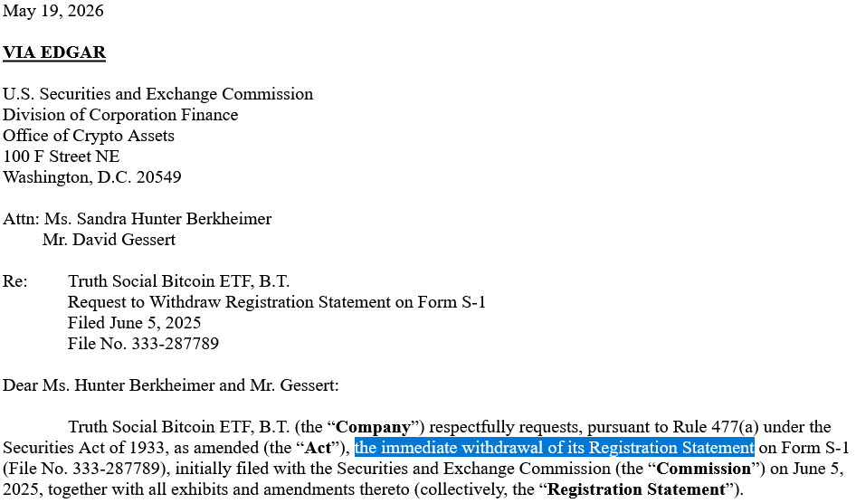 Truth Social’s ETF Issuer Withdraws Crypto ETFs