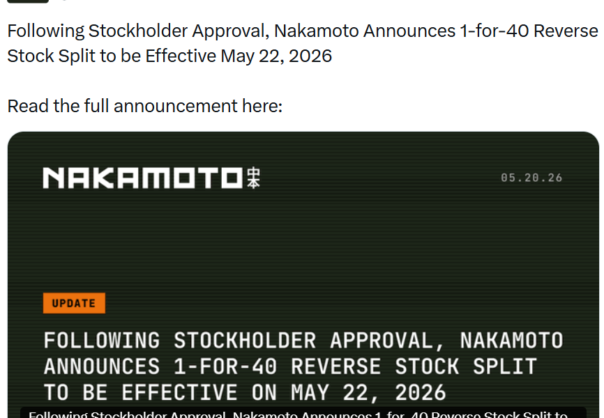 Nakamoto Reverse Stock Split as it Faces Nasdaq Delisting