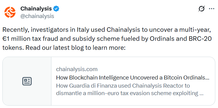 Digital Assets Like Ordinals Used in Tax Evasion Schemes: Chainalysis