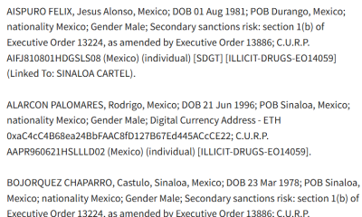 US Sanctions Sinaloa Cartel-Linked Ethereum Addresses