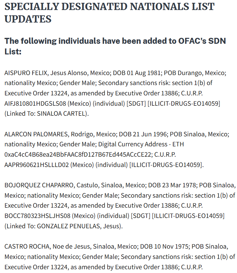 US Sanctions Sinaloa Cartel-Linked Ethereum Addresses