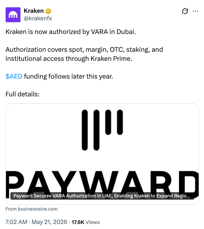 Kraken to Expand in Dubai After VARA Approval