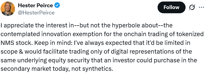 SEC’s Peirce Clarifies Tokenized Stock Exemption