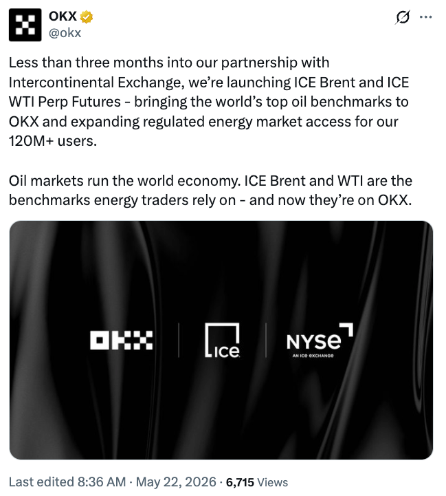ICE to Launch Oil Perpetual Futures With OKX