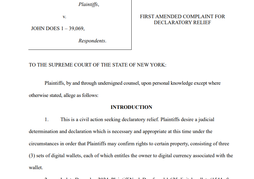 New York Suit Seeks Ownership of 39,069 Dormant Bitcoin Wallets