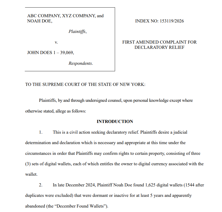 New York Suit Seeks Ownership of 39,069 Dormant Bitcoin Wallets