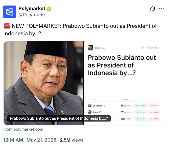 Indonesia Blocks Polymarket After Bets on President's Exit