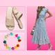 Beige sandals, colorful bracelet and striped dress