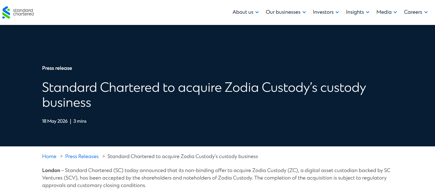 Standard Chartered to Absorb Zodia Custody, Spin Out Zodia Solutions