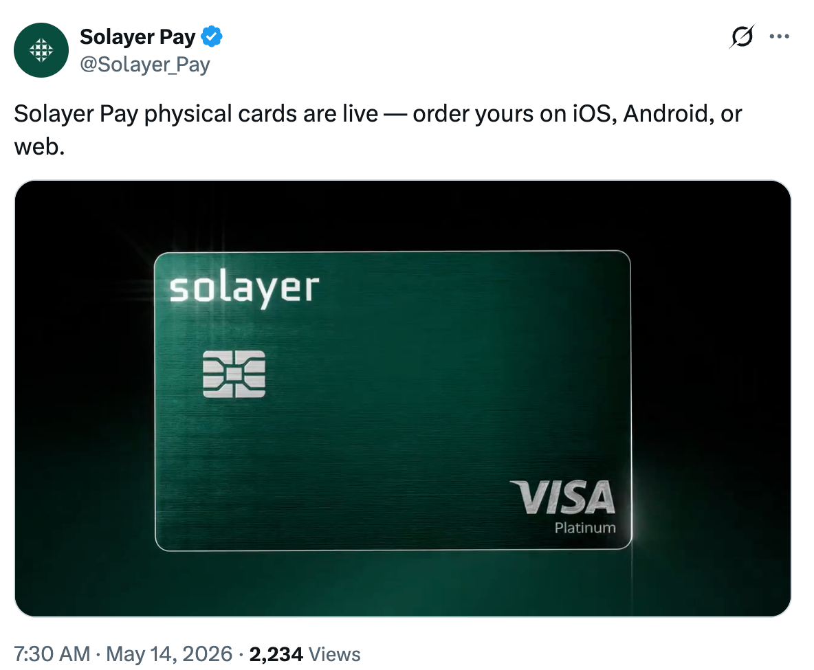 Solayer Introduces USDC Card with ATM support