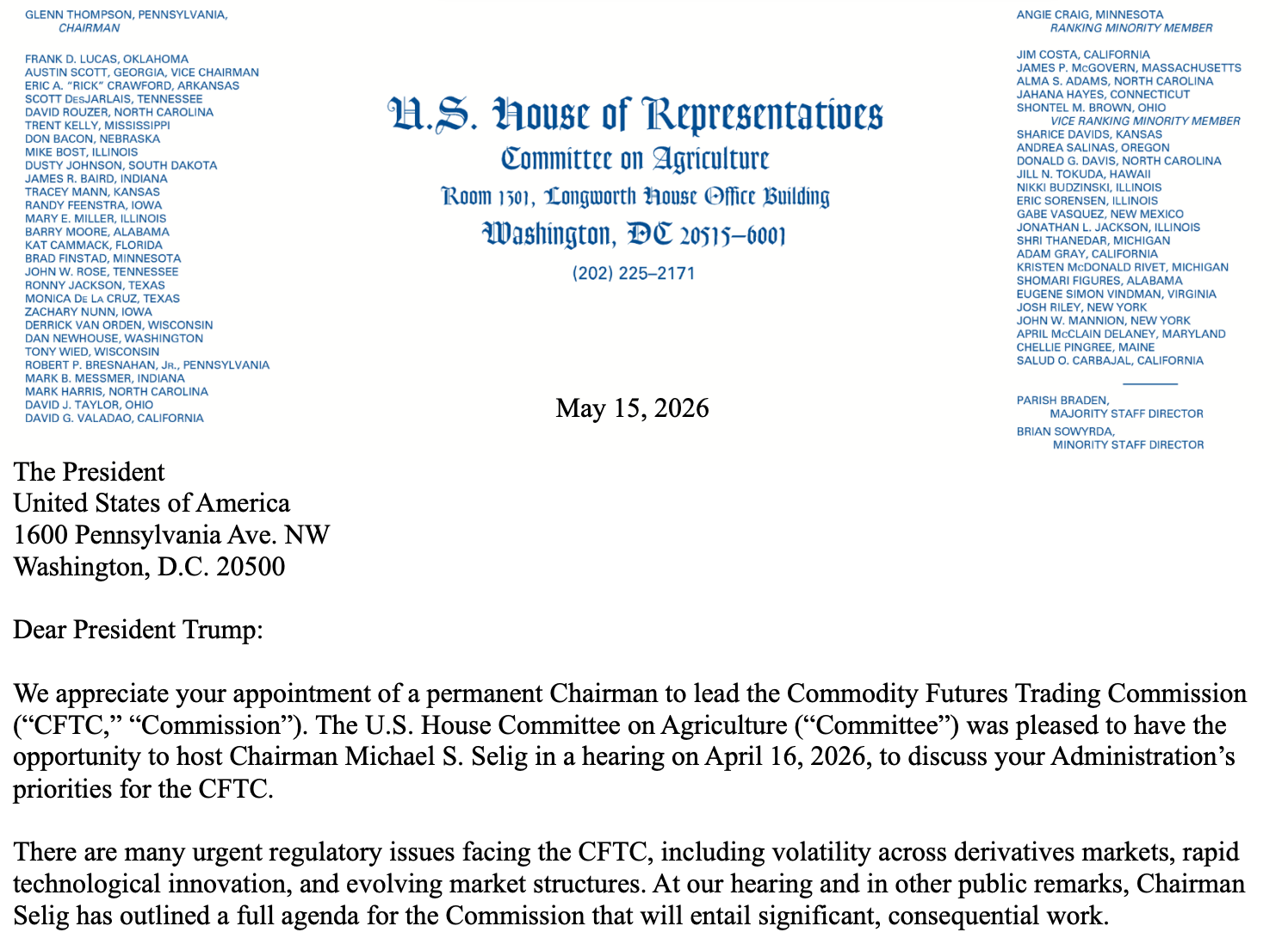 House Committee Leaders Urge Trump to Nominate CFTC Members, Citing CLARITY Act